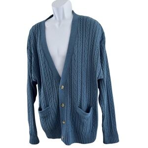 Vintage Saks Fifth Avenue Cardigan Sweater Mens XL Blue Cable Knit Pockets Silk